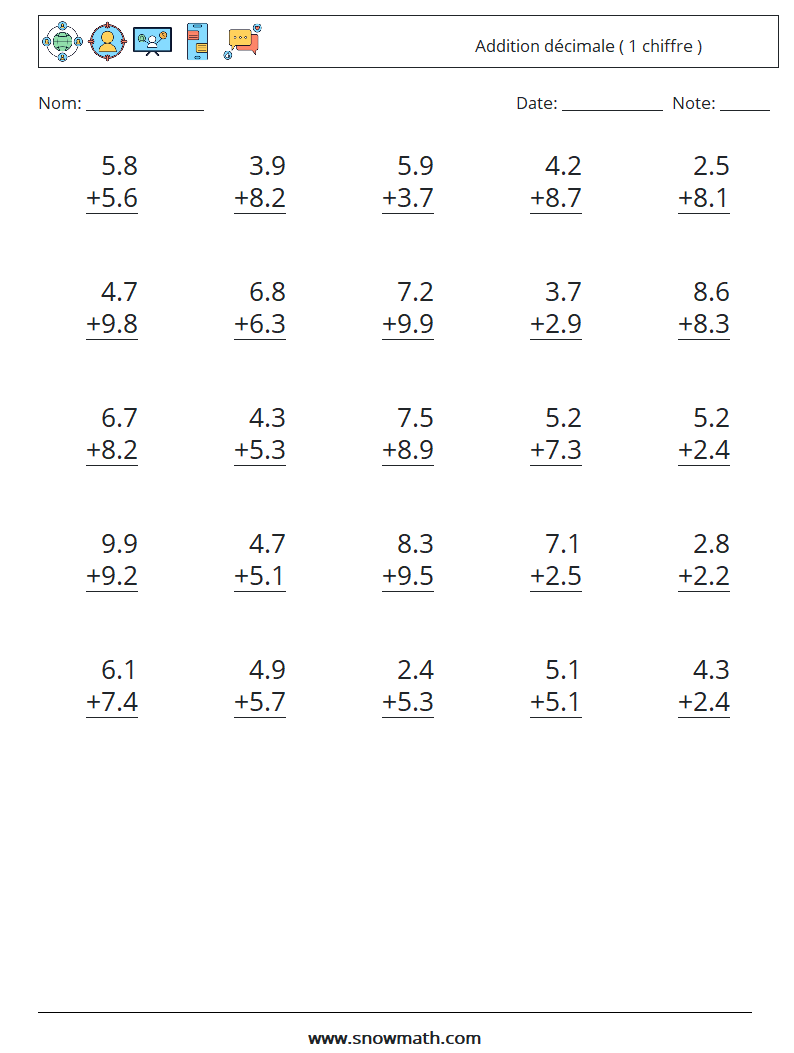 (25) Addition décimale ( 1 chiffre ) Fiches d'Exercices de Mathématiques 7