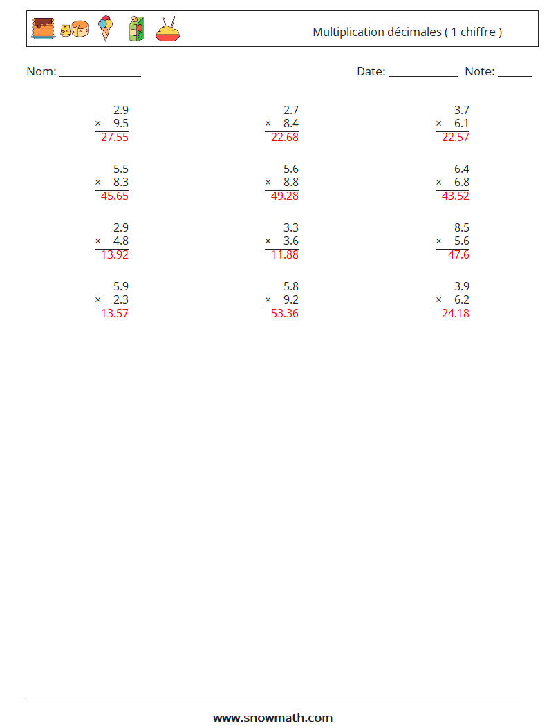 (12) Multiplication décimales ( 1 chiffre ) Fiches d'Exercices de Mathématiques 1 Question, Réponse