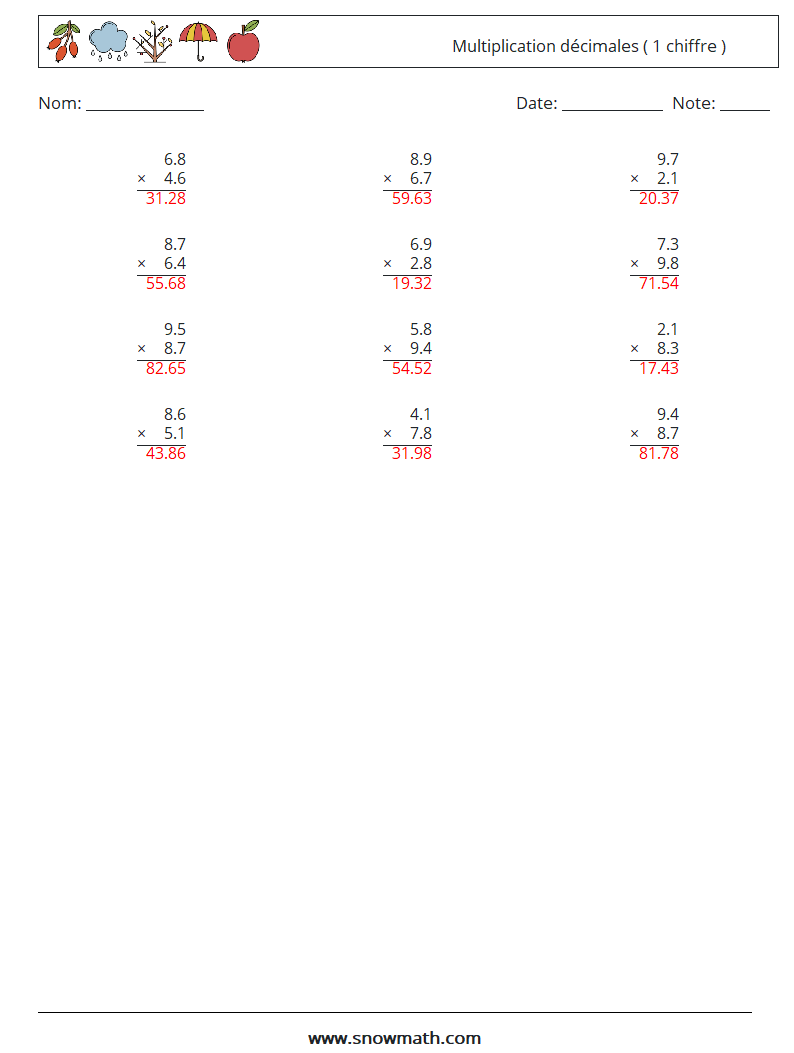 (12) Multiplication décimales ( 1 chiffre ) Fiches d'Exercices de Mathématiques 2 Question, Réponse