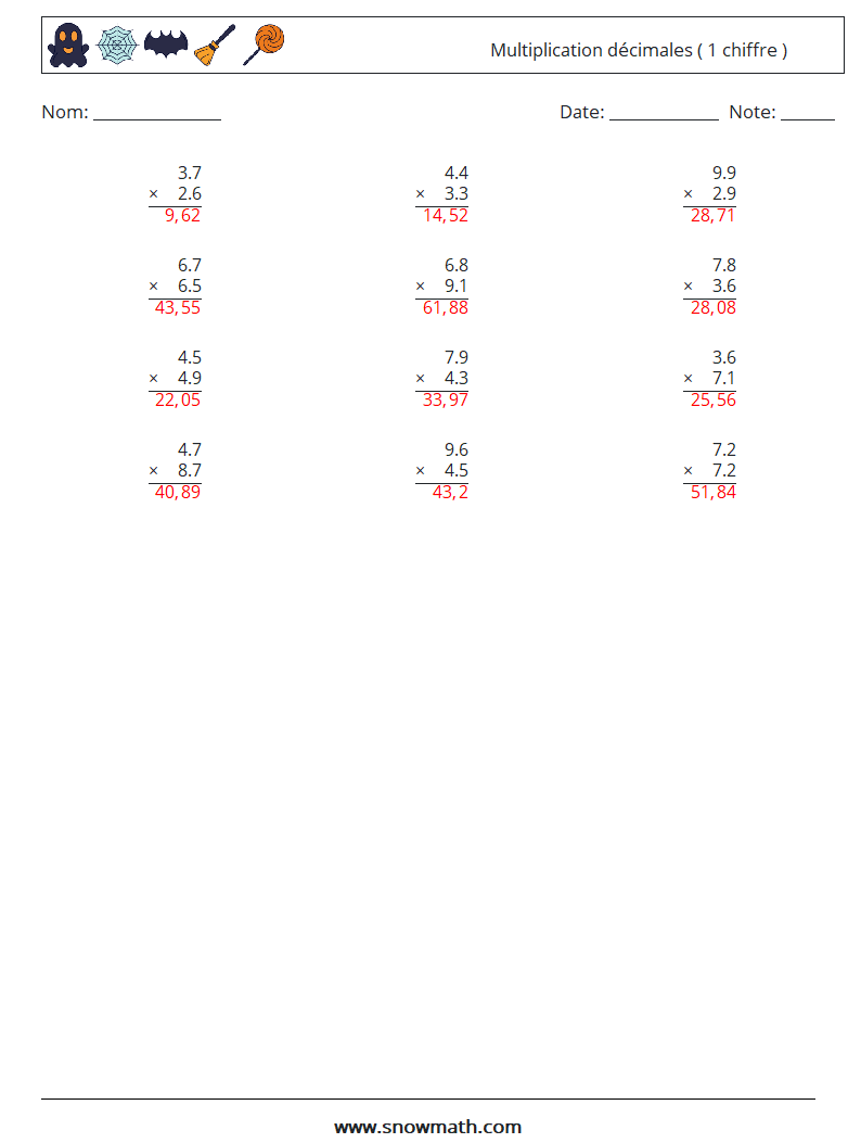 (12) Multiplication décimales ( 1 chiffre ) Fiches d'Exercices de Mathématiques 3 Question, Réponse