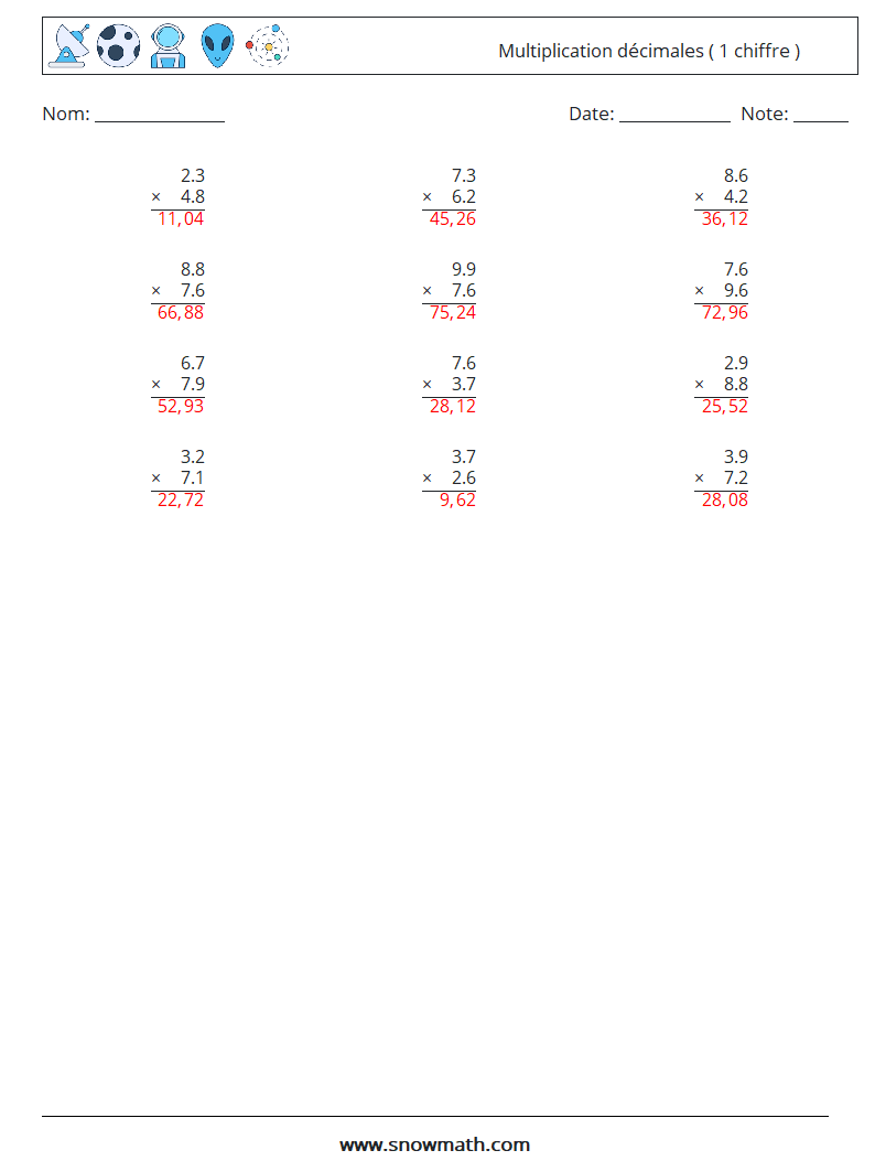 (12) Multiplication décimales ( 1 chiffre ) Fiches d'Exercices de Mathématiques 4 Question, Réponse