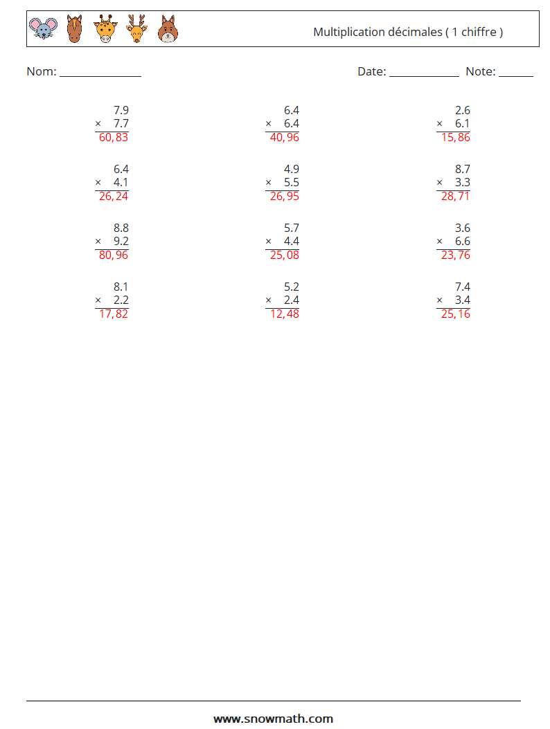 (12) Multiplication décimales ( 1 chiffre ) Fiches d'Exercices de Mathématiques 5 Question, Réponse
