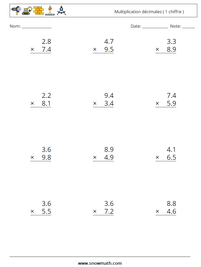 (12) Multiplication décimales ( 1 chiffre ) Fiches d'Exercices de Mathématiques 6