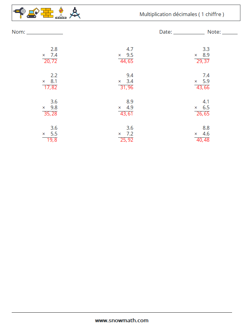 (12) Multiplication décimales ( 1 chiffre ) Fiches d'Exercices de Mathématiques 6 Question, Réponse