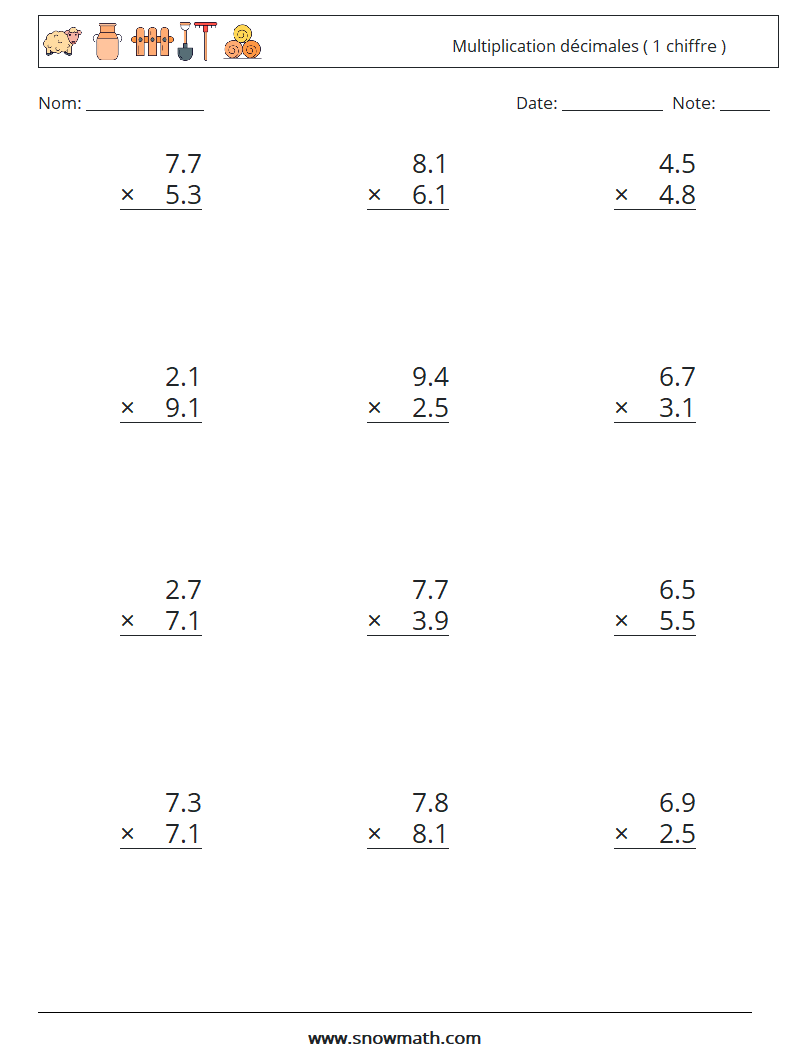 (12) Multiplication décimales ( 1 chiffre ) Fiches d'Exercices de Mathématiques 7