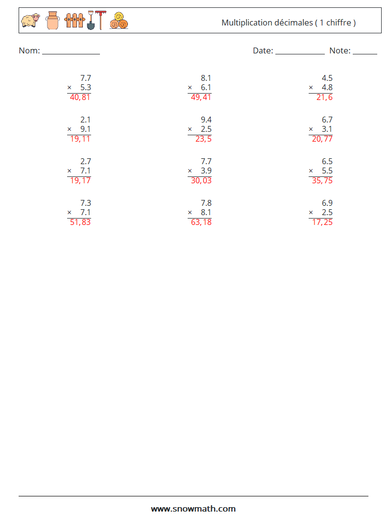 (12) Multiplication décimales ( 1 chiffre ) Fiches d'Exercices de Mathématiques 7 Question, Réponse