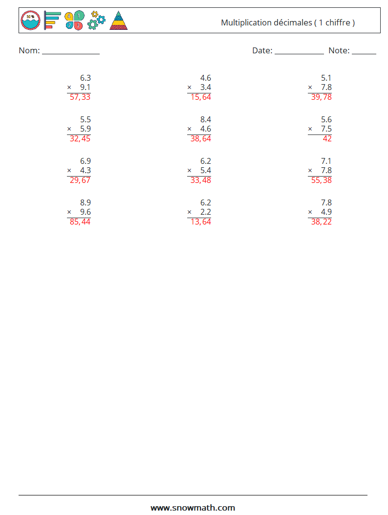 (12) Multiplication décimales ( 1 chiffre ) Fiches d'Exercices de Mathématiques 8 Question, Réponse