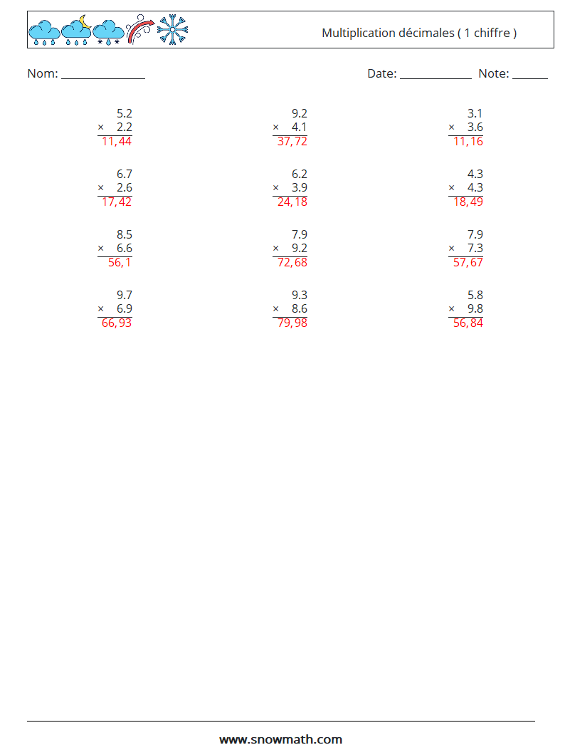 (12) Multiplication décimales ( 1 chiffre ) Fiches d'Exercices de Mathématiques 9 Question, Réponse