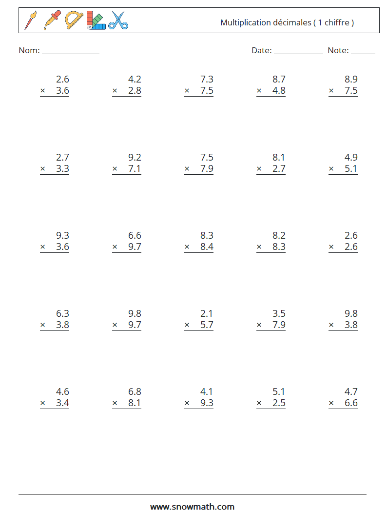 (25) Multiplication décimales ( 1 chiffre ) Fiches d'Exercices de Mathématiques 10