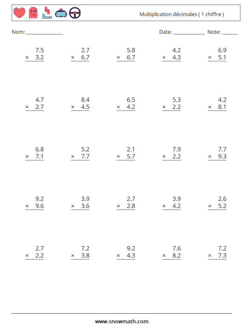 (25) Multiplication décimales ( 1 chiffre ) Fiches d'Exercices de Mathématiques 11
