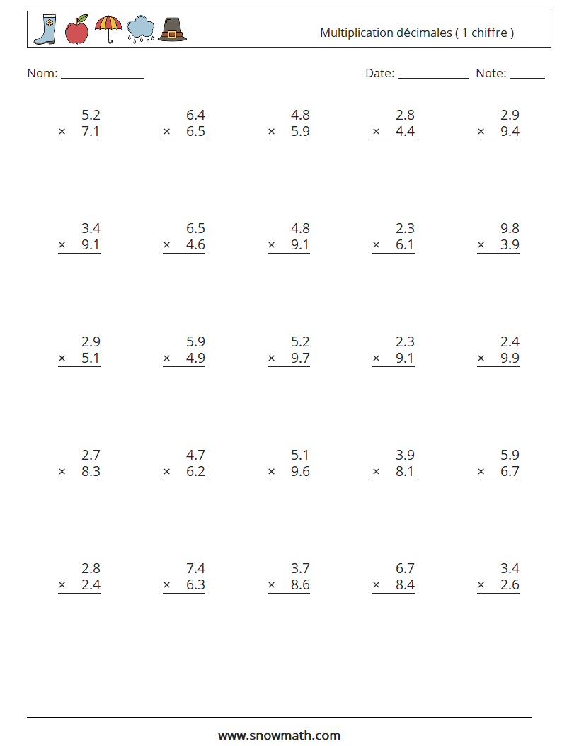 (25) Multiplication décimales ( 1 chiffre ) Fiches d'Exercices de Mathématiques 13