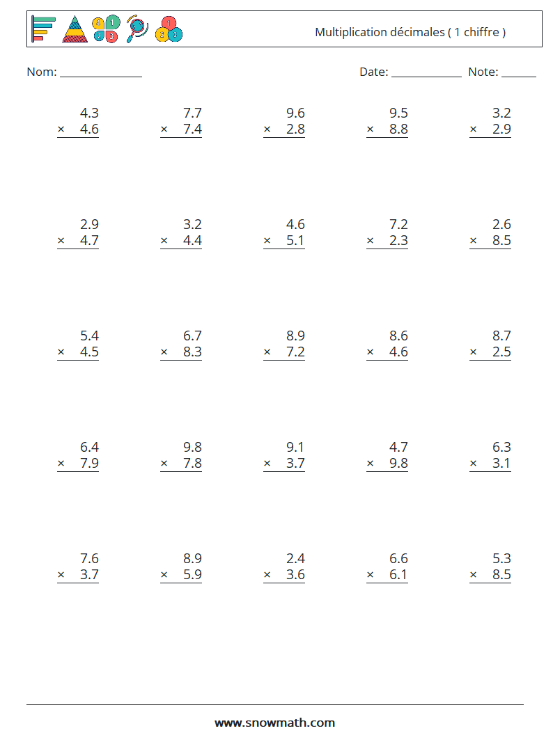 (25) Multiplication décimales ( 1 chiffre ) Fiches d'Exercices de Mathématiques 14