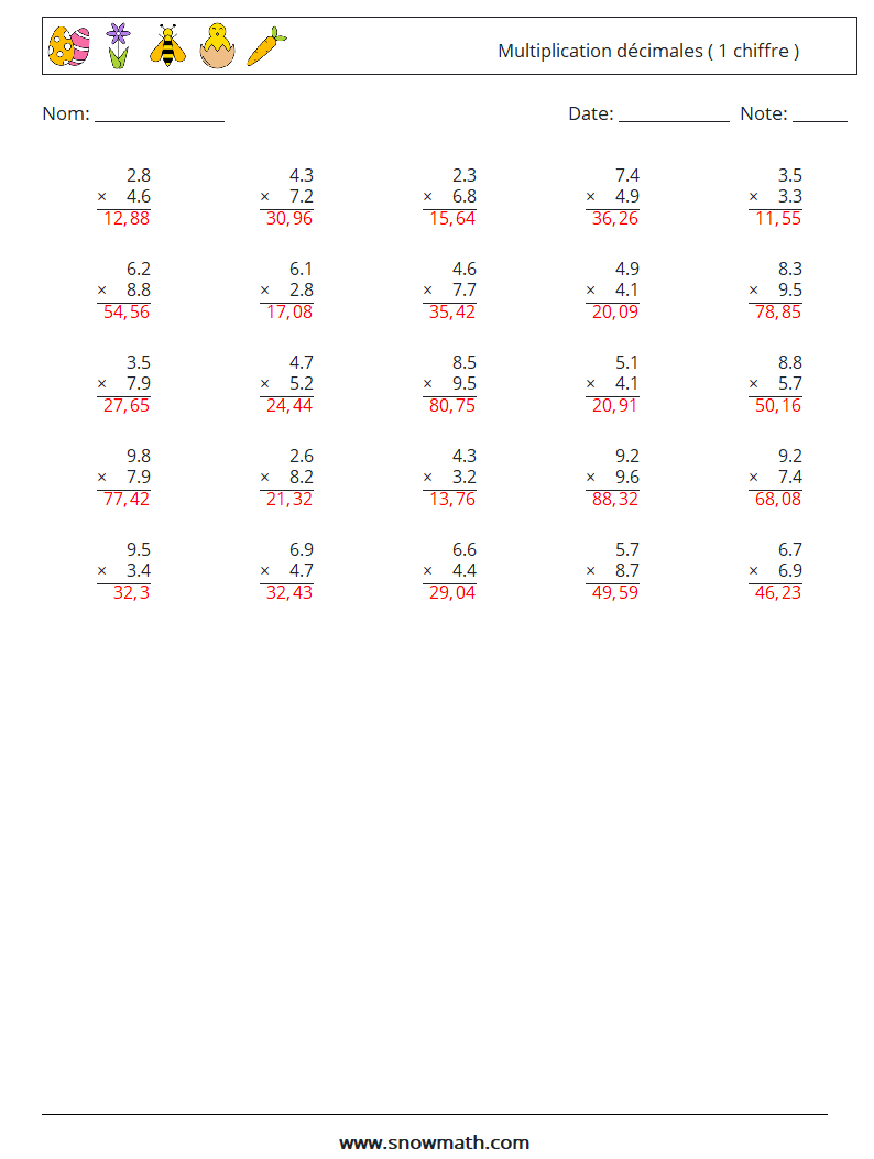 (25) Multiplication décimales ( 1 chiffre ) Fiches d'Exercices de Mathématiques 15 Question, Réponse
