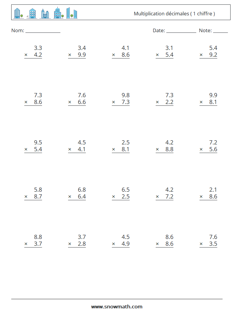 (25) Multiplication décimales ( 1 chiffre ) Fiches d'Exercices de Mathématiques 16