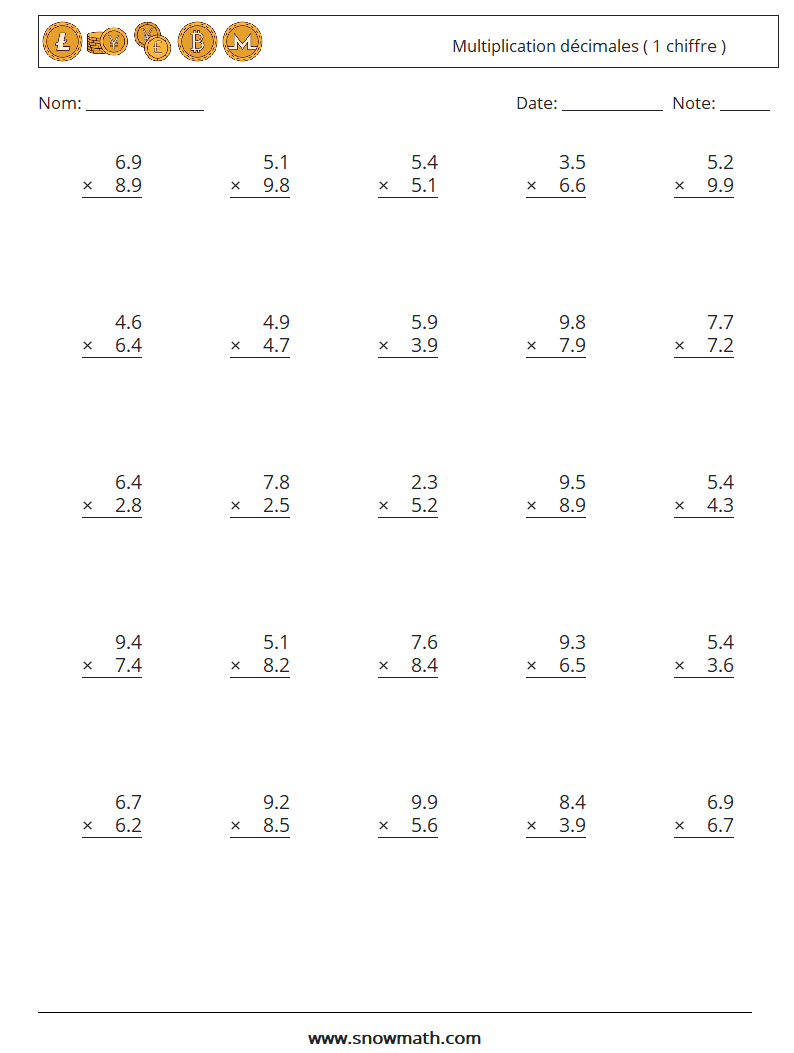 (25) Multiplication décimales ( 1 chiffre ) Fiches d'Exercices de Mathématiques 17