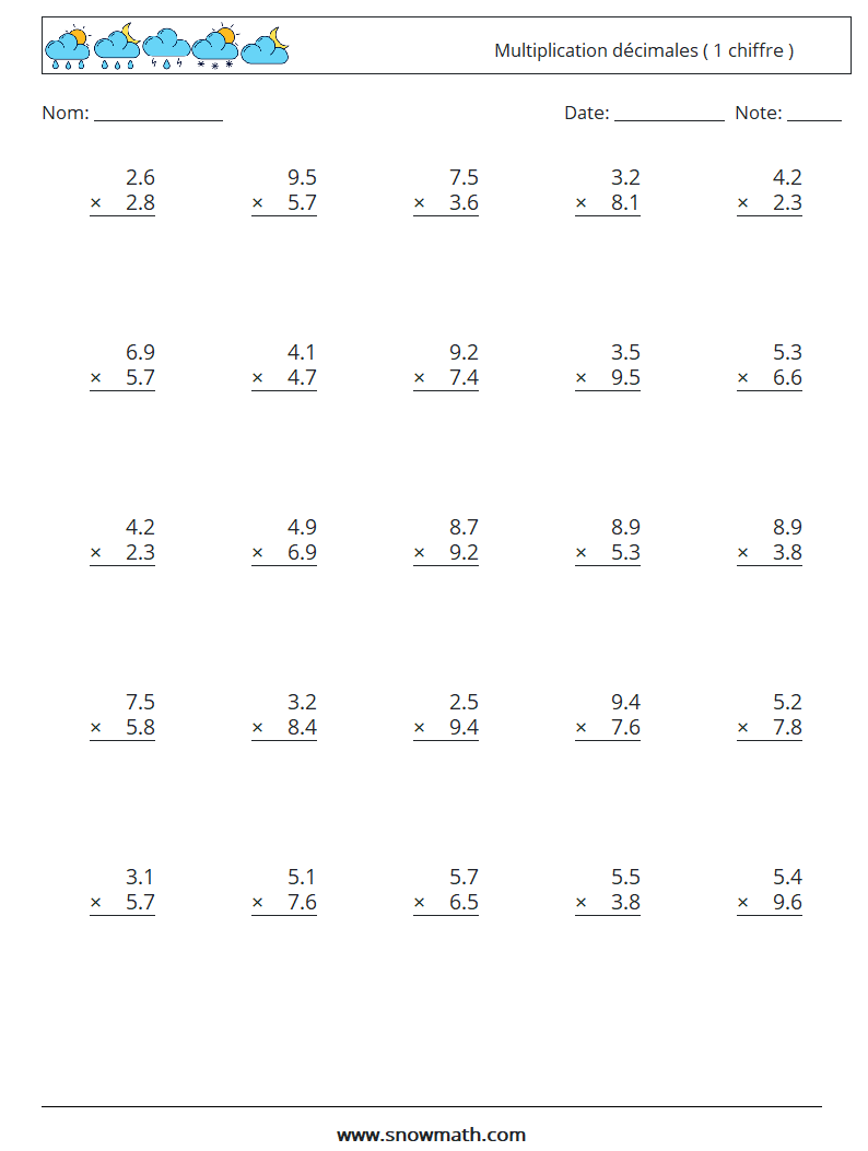 (25) Multiplication décimales ( 1 chiffre ) Fiches d'Exercices de Mathématiques 18