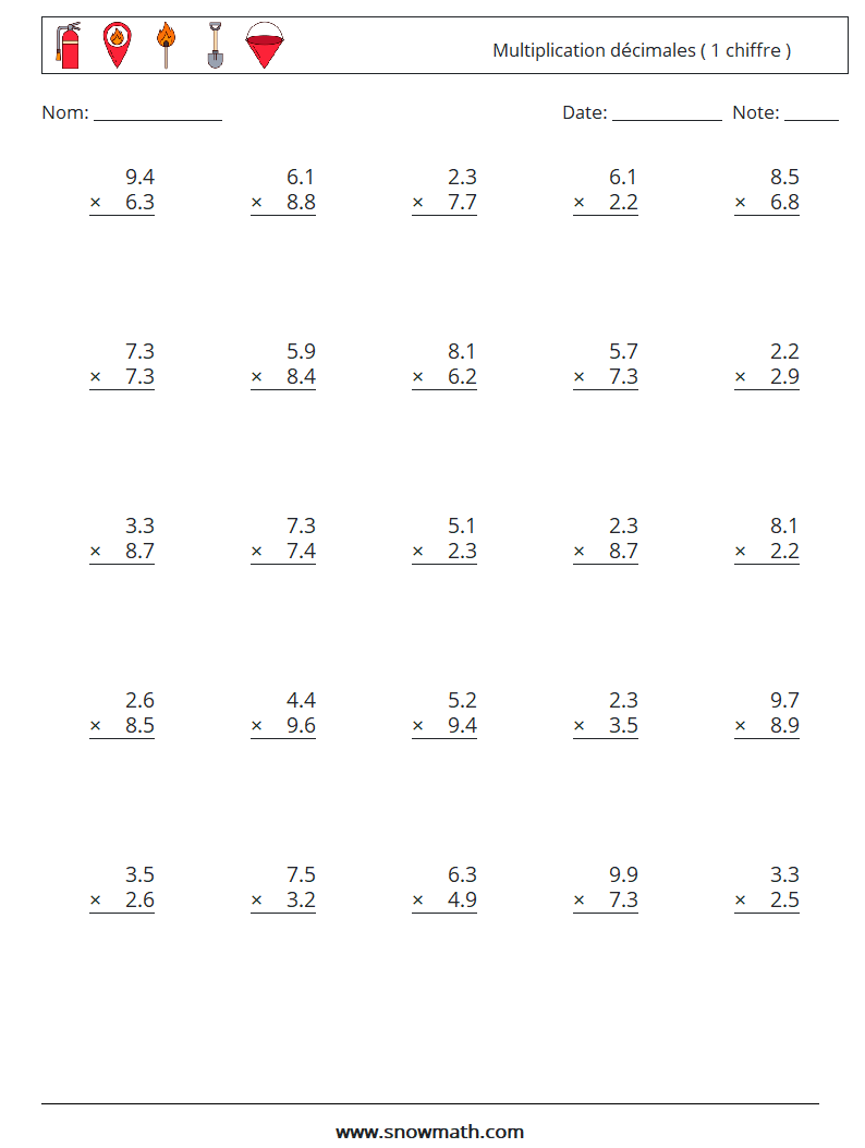 (25) Multiplication décimales ( 1 chiffre ) Fiches d'Exercices de Mathématiques 2
