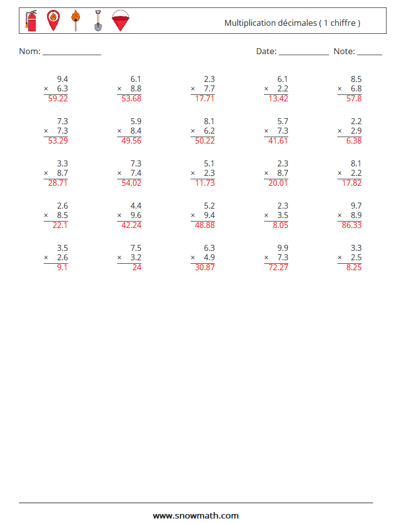 (25) Multiplication décimales ( 1 chiffre ) Fiches d'Exercices de Mathématiques 2 Question, Réponse