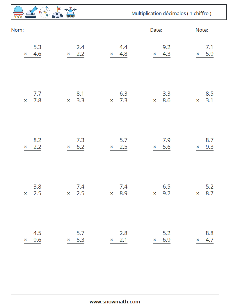 (25) Multiplication décimales ( 1 chiffre ) Fiches d'Exercices de Mathématiques 3