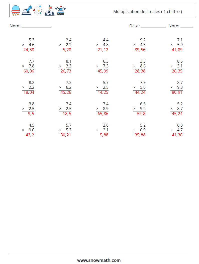 (25) Multiplication décimales ( 1 chiffre ) Fiches d'Exercices de Mathématiques 3 Question, Réponse