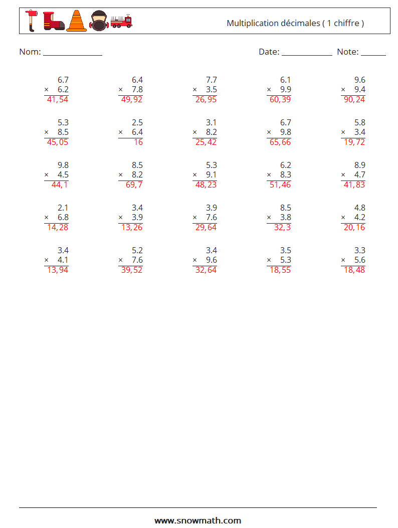 (25) Multiplication décimales ( 1 chiffre ) Fiches d'Exercices de Mathématiques 4 Question, Réponse