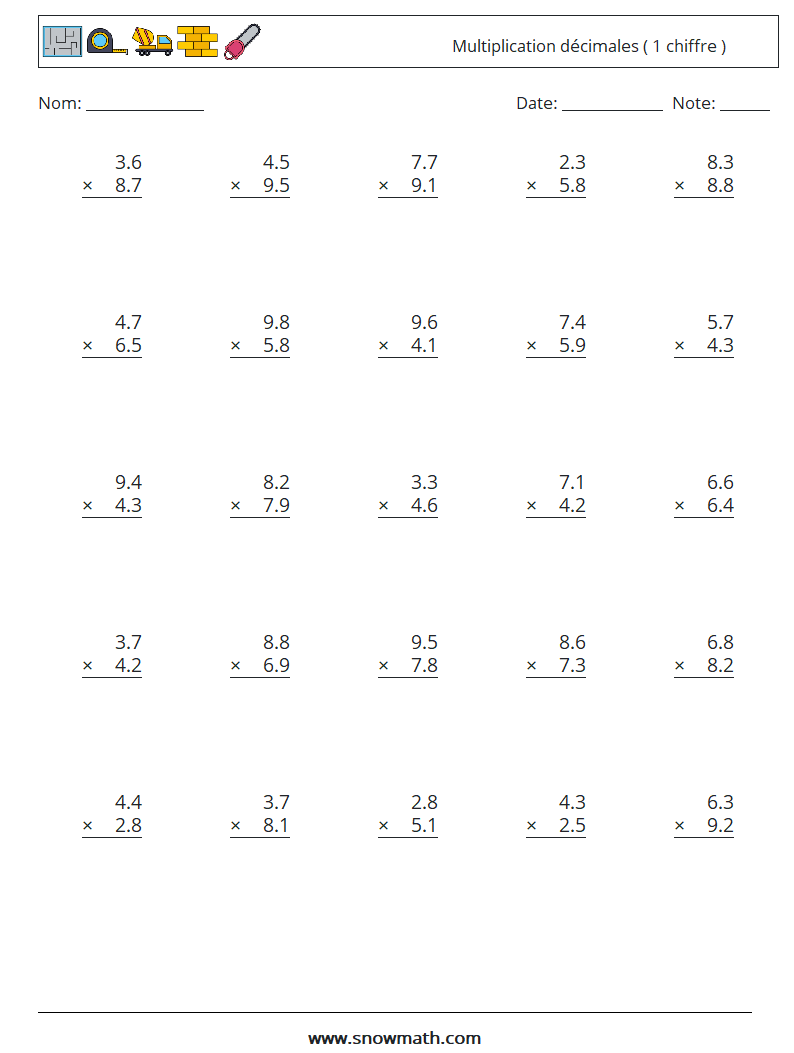 (25) Multiplication décimales ( 1 chiffre ) Fiches d'Exercices de Mathématiques 5