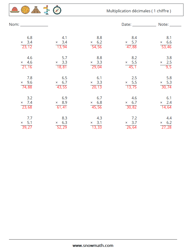 (25) Multiplication décimales ( 1 chiffre ) Fiches d'Exercices de Mathématiques 6 Question, Réponse