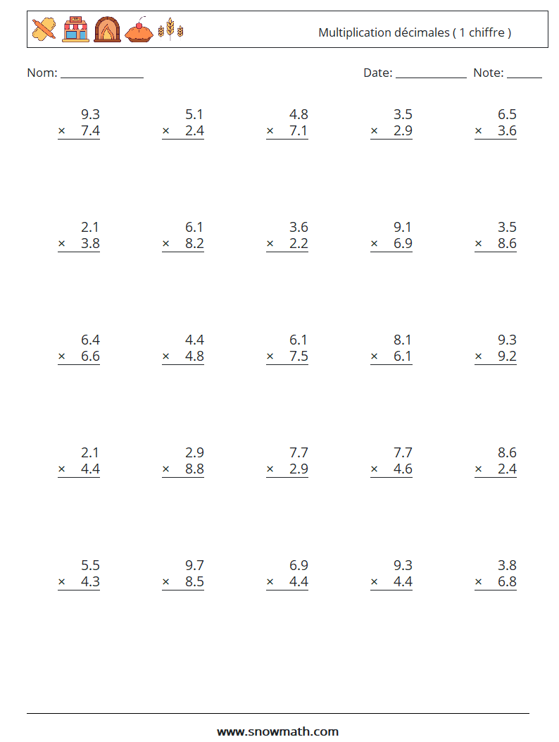 (25) Multiplication décimales ( 1 chiffre ) Fiches d'Exercices de Mathématiques 7