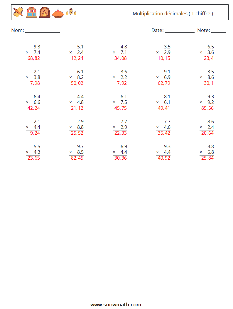 (25) Multiplication décimales ( 1 chiffre ) Fiches d'Exercices de Mathématiques 7 Question, Réponse