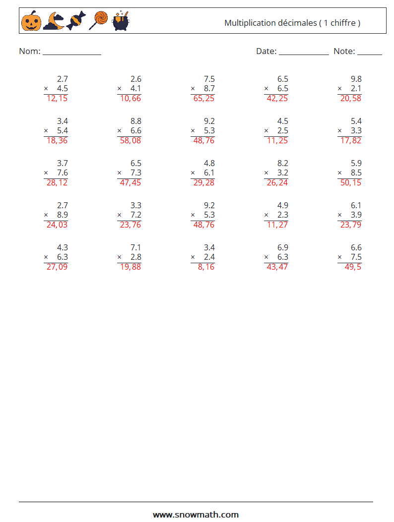 (25) Multiplication décimales ( 1 chiffre ) Fiches d'Exercices de Mathématiques 8 Question, Réponse