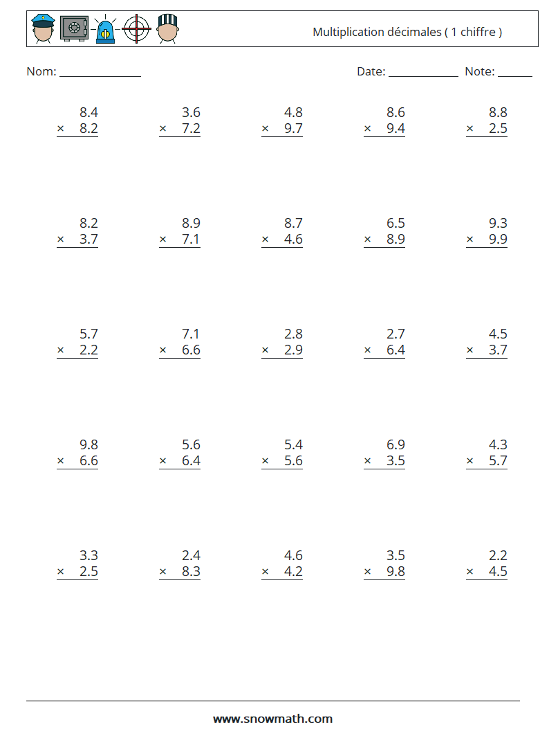 (25) Multiplication décimales ( 1 chiffre ) Fiches d'Exercices de Mathématiques 9
