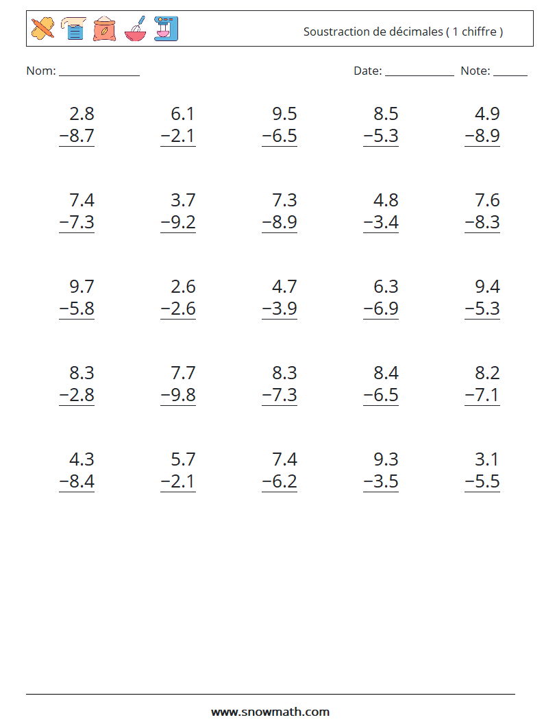 (25) Soustraction de décimales ( 1 chiffre ) Fiches d'Exercices de Mathématiques 11