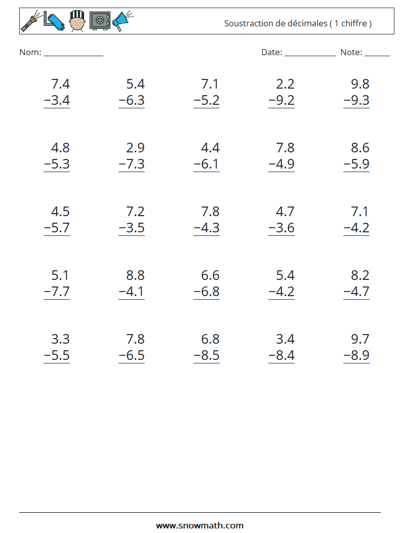 (25) Soustraction de décimales ( 1 chiffre ) Fiches d'Exercices de Mathématiques 12