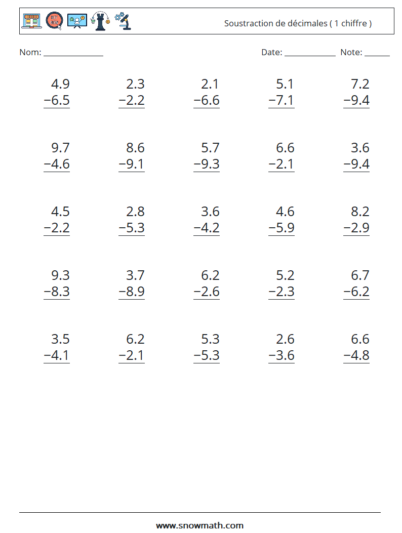 (25) Soustraction de décimales ( 1 chiffre ) Fiches d'Exercices de Mathématiques 15