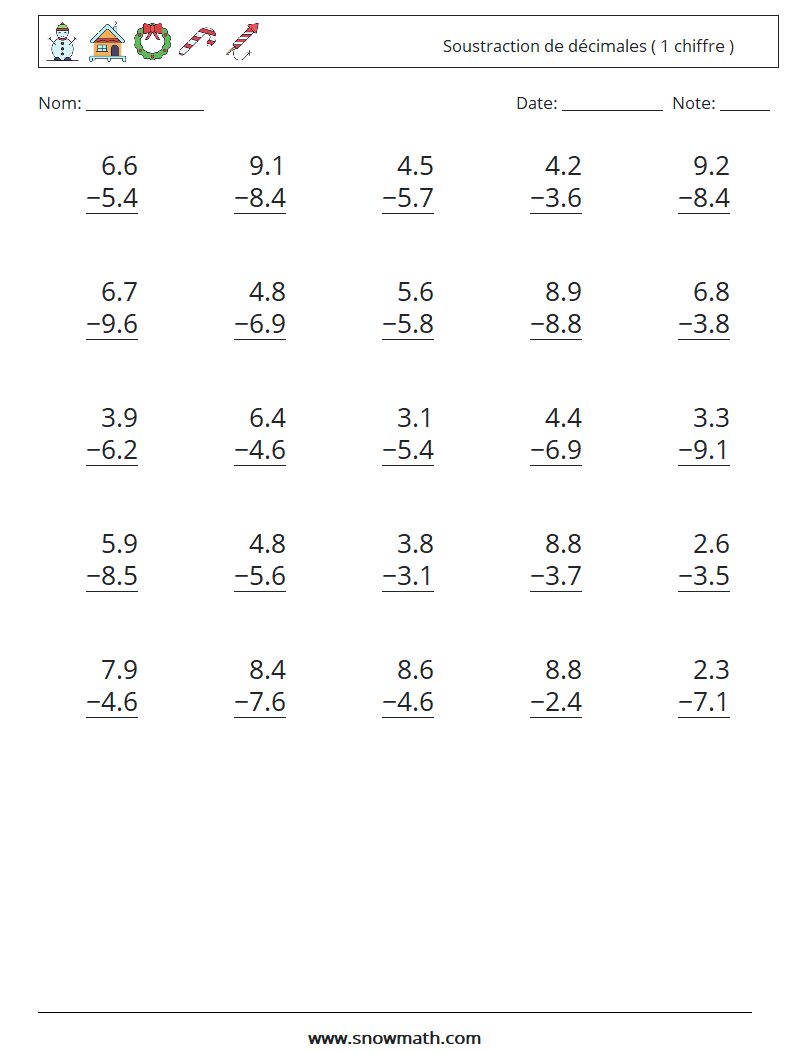 (25) Soustraction de décimales ( 1 chiffre ) Fiches d'Exercices de Mathématiques 16