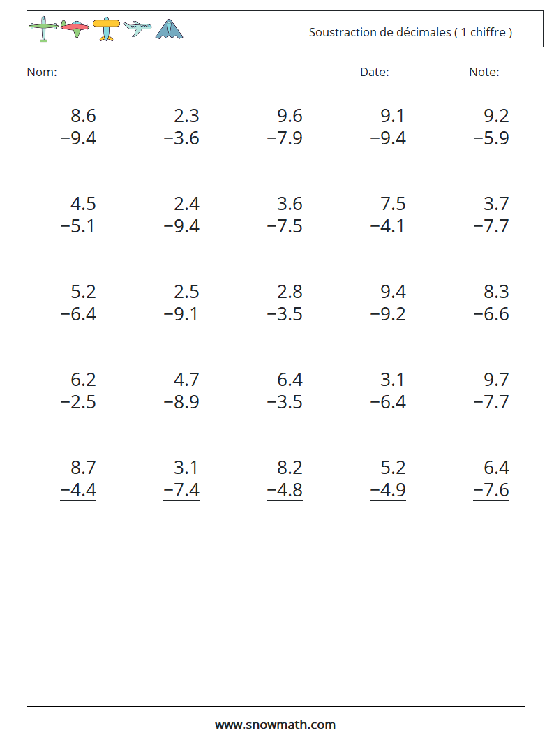 (25) Soustraction de décimales ( 1 chiffre ) Fiches d'Exercices de Mathématiques 2