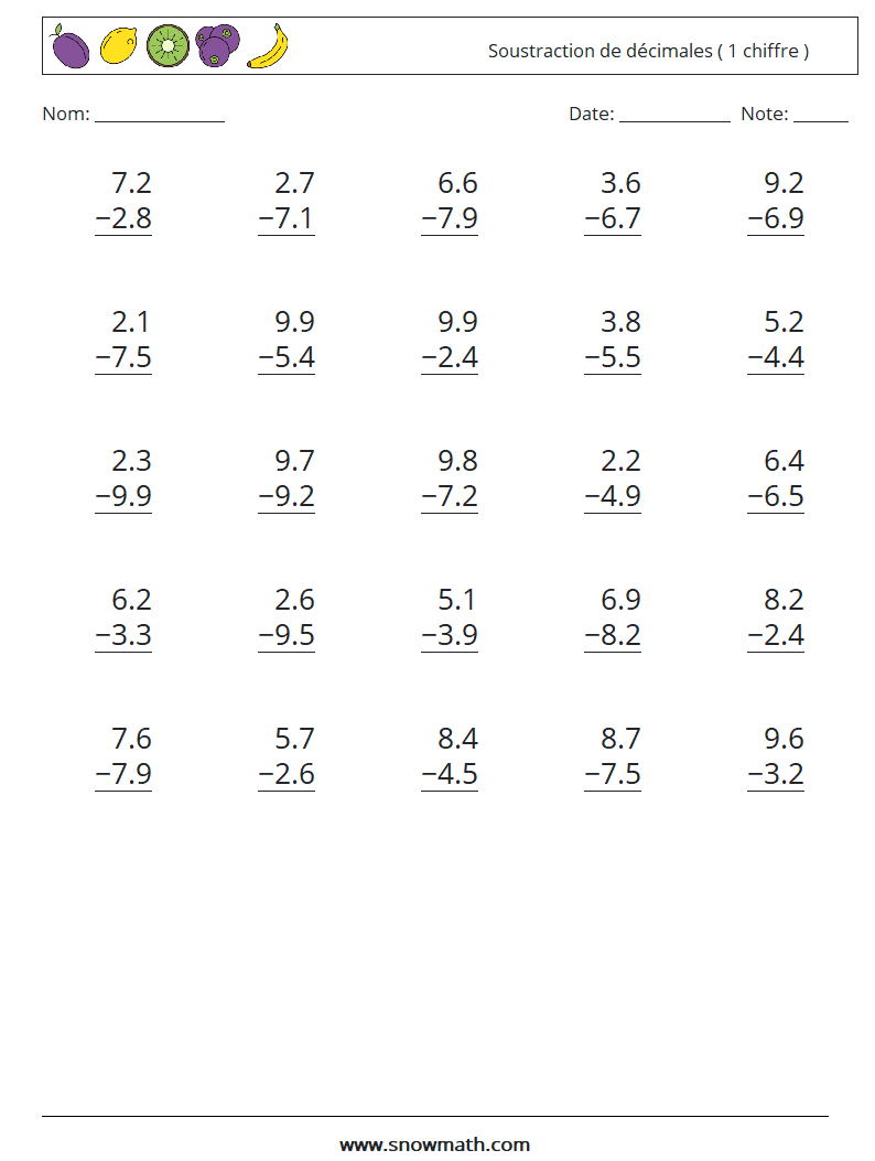 (25) Soustraction de décimales ( 1 chiffre ) Fiches d'Exercices de Mathématiques 3