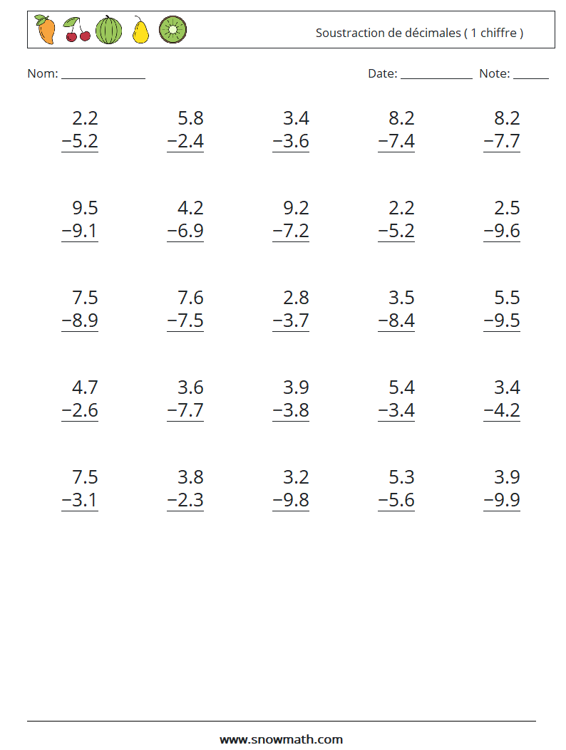 (25) Soustraction de décimales ( 1 chiffre ) Fiches d'Exercices de Mathématiques 4