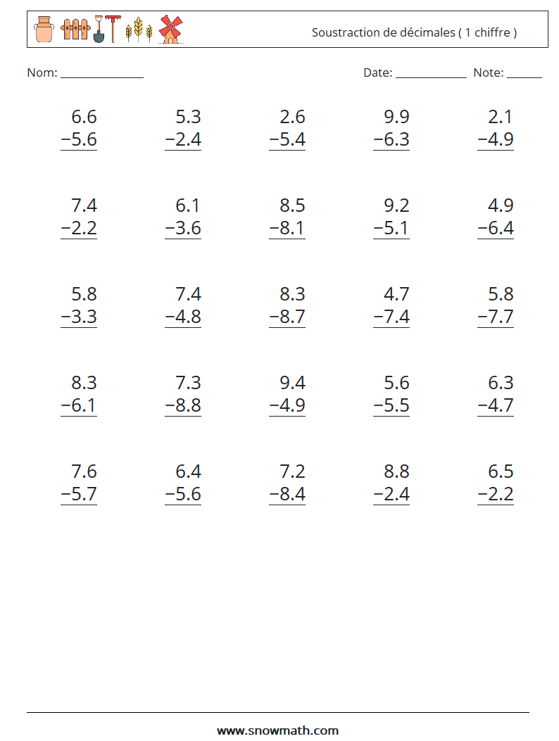 (25) Soustraction de décimales ( 1 chiffre ) Fiches d'Exercices de Mathématiques 5