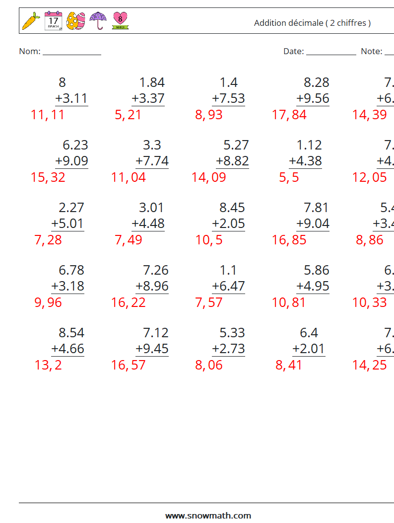 (25) Addition décimale ( 2 chiffres ) Fiches d'Exercices de Mathématiques 12 Question, Réponse
