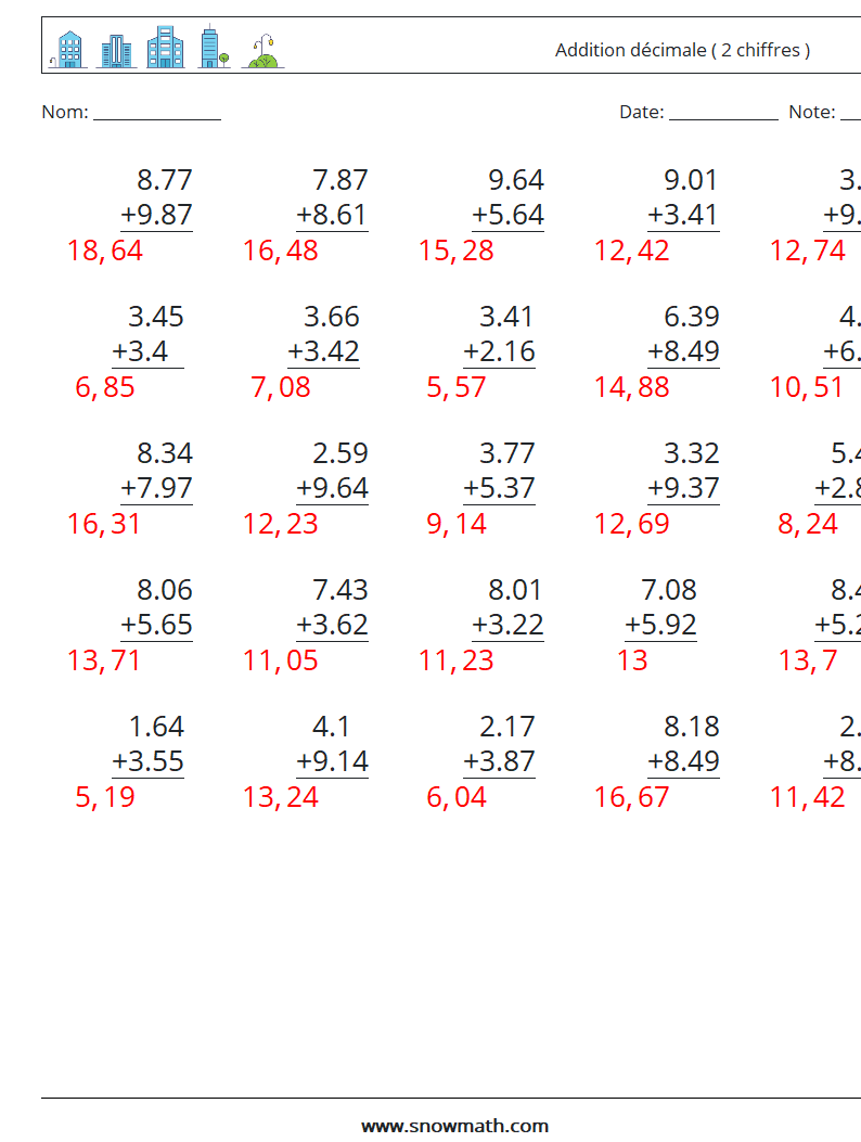 (25) Addition décimale ( 2 chiffres ) Fiches d'Exercices de Mathématiques 14 Question, Réponse