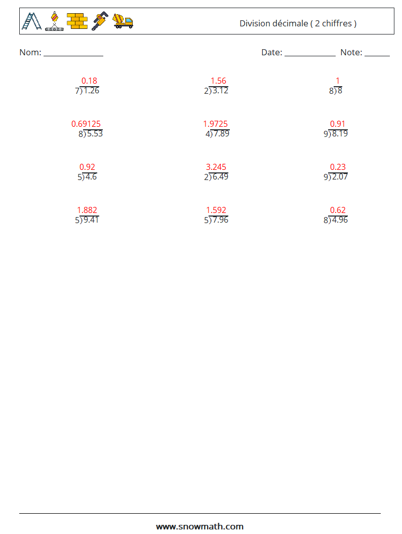(12) Division décimale ( 2 chiffres ) Fiches d'Exercices de Mathématiques 13 Question, Réponse
