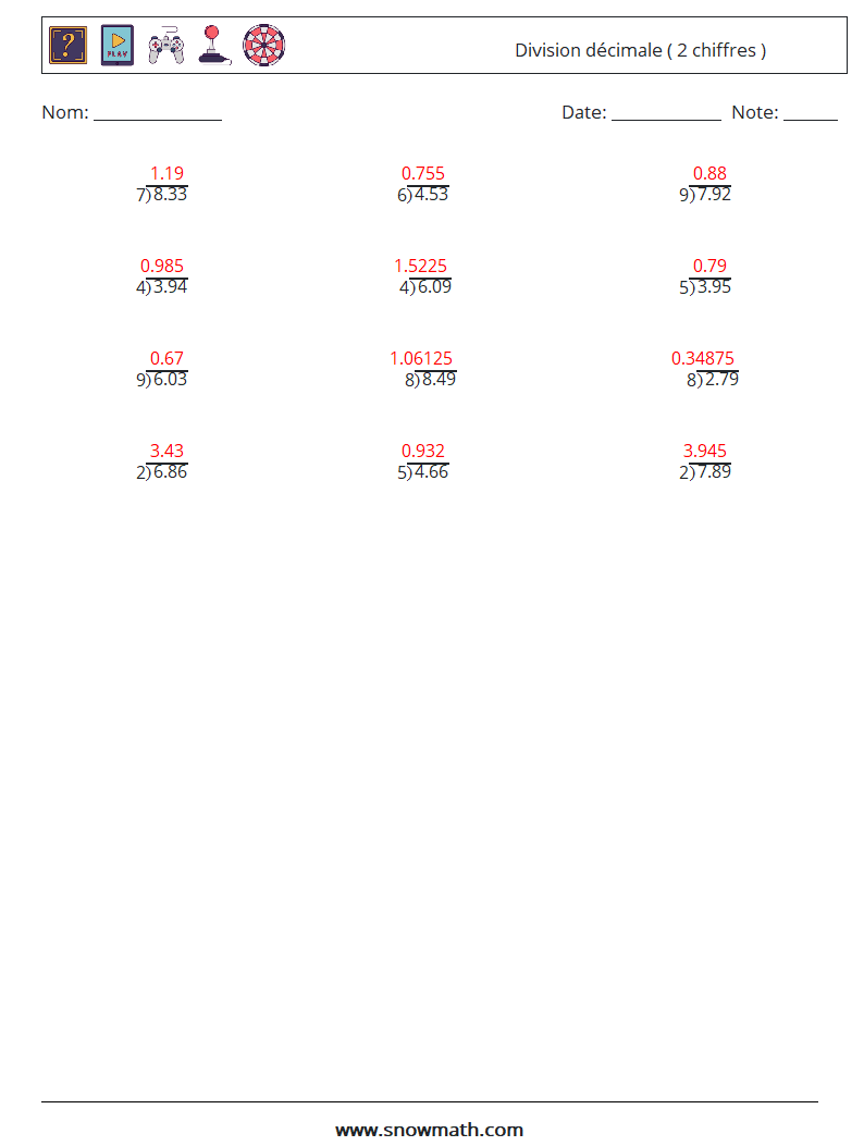 (12) Division décimale ( 2 chiffres ) Fiches d'Exercices de Mathématiques 17 Question, Réponse