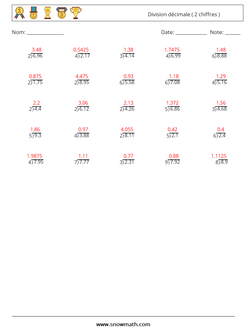 (25) Division décimale ( 2 chiffres ) Fiches d'Exercices de Mathématiques 12 Question, Réponse