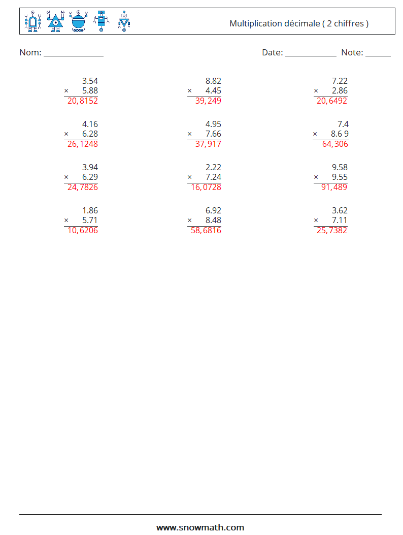 (12) Multiplication décimale ( 2 chiffres ) Fiches d'Exercices de Mathématiques 13 Question, Réponse