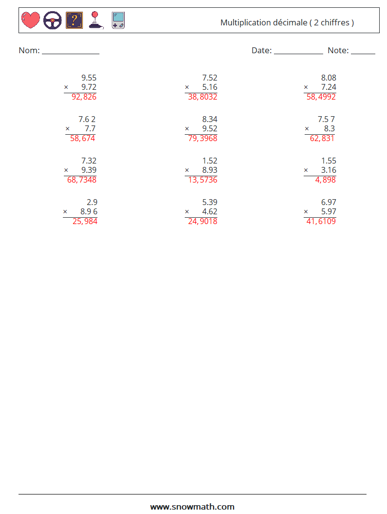 (12) Multiplication décimale ( 2 chiffres ) Fiches d'Exercices de Mathématiques 15 Question, Réponse