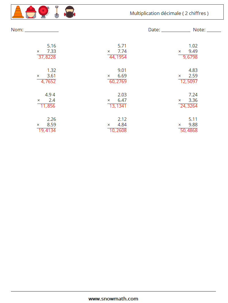 (12) Multiplication décimale ( 2 chiffres ) Fiches d'Exercices de Mathématiques 18 Question, Réponse