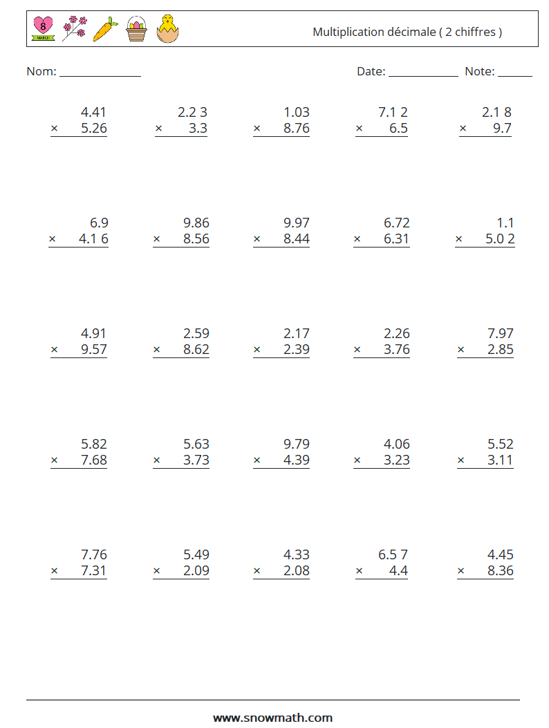 (25) Multiplication décimale ( 2 chiffres ) Fiches d'Exercices de Mathématiques 10