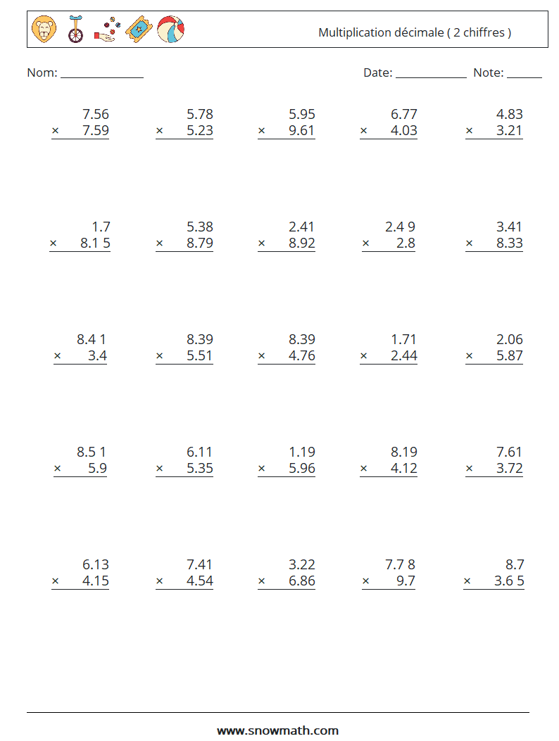 (25) Multiplication décimale ( 2 chiffres ) Fiches d'Exercices de Mathématiques 17