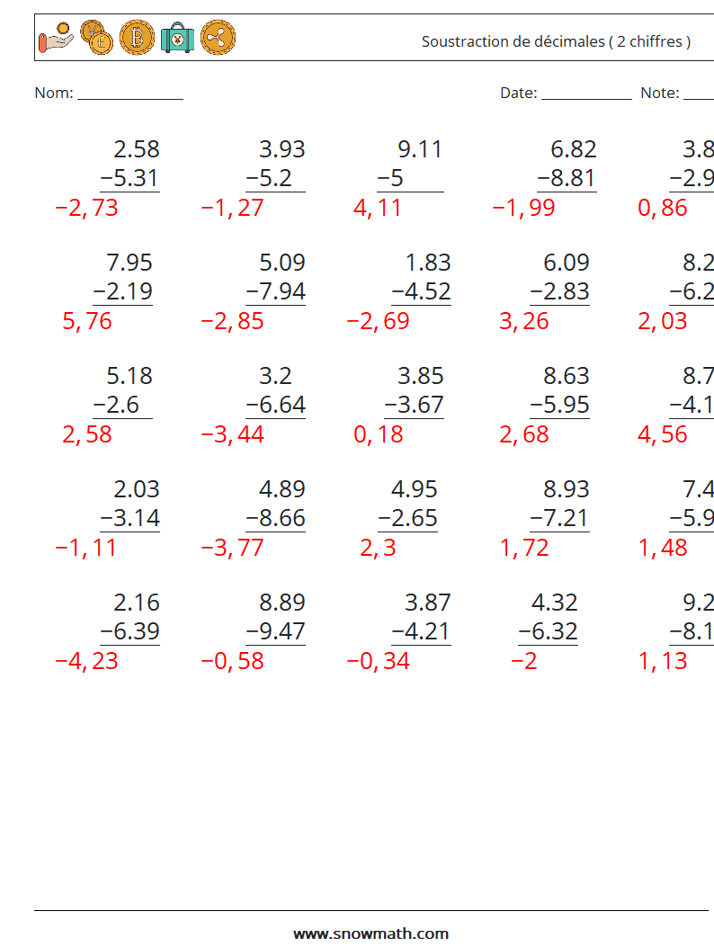 (25) Soustraction de décimales ( 2 chiffres ) Fiches d'Exercices de Mathématiques 11 Question, Réponse